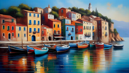 An oil painting of boats on a calm sea with vibrant colors - obrazy, fototapety, plakaty
