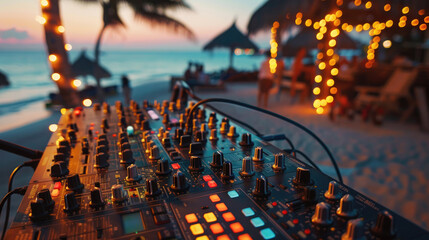Summer Celebration, DJ Console and Drinks at Beach Party