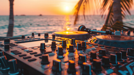 Summer Celebration, DJ Console and Drinks at Beach Party