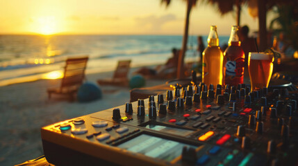 Summer Celebration, DJ Console and Drinks at Beach Party - obrazy, fototapety, plakaty