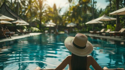 Fototapeta na wymiar woman relax and chill near luxury swimming pool sunbath at the beach resort outdoors the hotel