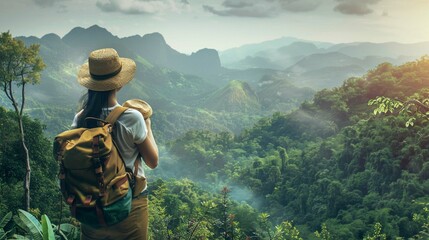 woman traveler with backpack holding hat and looking at amazing mountains and forest - obrazy, fototapety, plakaty