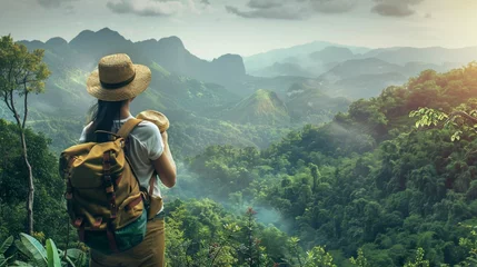 Foto op Canvas woman traveler with backpack holding hat and looking at amazing mountains and forest © Naila
