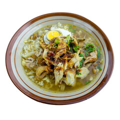 Soto ayam Lamongan isolated on white. Chicken soup. Indonesian popular food