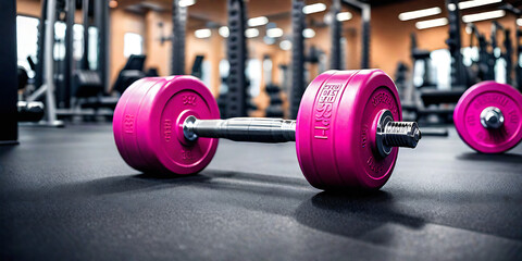 Fitness sport strength training, bodybuilding background - Closeup of pink barbell dumbbell weight on the floor in gym - obrazy, fototapety, plakaty