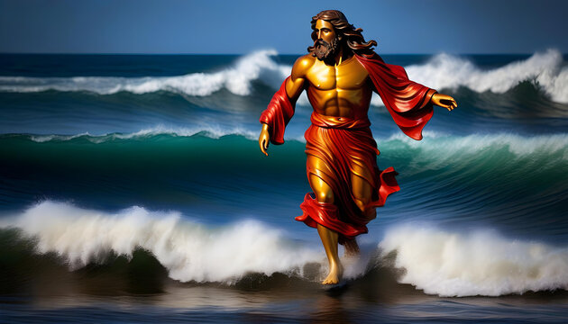A painting of Jesus with bronze skin and curly hair walking on water with stormy waves in the background