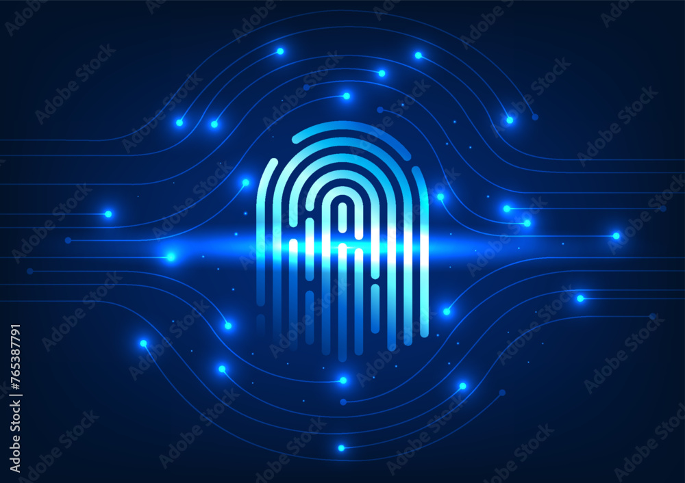 Poster cyber security technology fingerprints connected to the circuit demonstrates safety technology use f