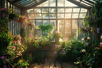 Green fairy tale botanical garden fantasy greenhouse design, lovely greenhouse with flowers - obrazy, fototapety, plakaty