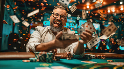 Celebrating Jackpot, Joyful Man Triumphs at Poker Table