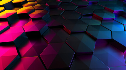 Rainbow glowing hexagons on a dark background creating a futuristic abstract pattern