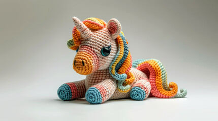 Handcrafted mini unicorn in a knitted style with an adorable expression and colorful details