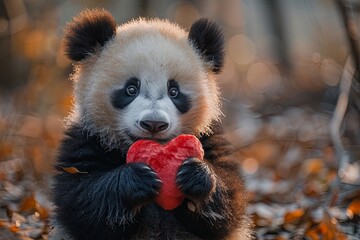 A red knitted heart in the paws of a little panda bear copy space