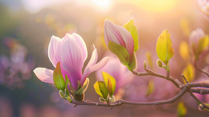 Fototapeta premium Bright magnolia blooms in sunlight, against a backdrop of more flowers and leaves