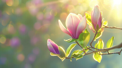Bright magnolia blooms in sunlight, against a backdrop of more flowers and leaves