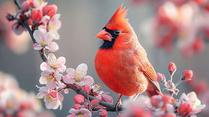 A Red Cardinal Bird Highlighted by Sunlight Amidst Vivid Spring Blossoms