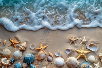 Sunny tropical beach with turquoise ocean, summer vacation background, sea shells and starfish on the beach