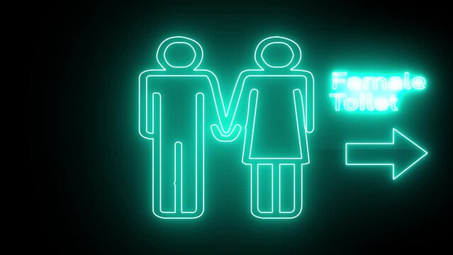 Glowing neon outline female toilet or restroom sign on a black background. Female sign. Sign women's toilet. Man and women toilet signs in neon lights animation