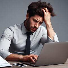 A stressed businessman rubs his temples, frustrated by a headache while working on his laptop