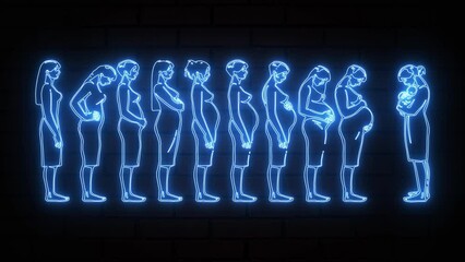 Glowing blue neon pregnancy stage icon animation is the simple best object on a brick wall. Human embryonic development