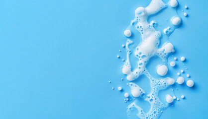 A splatter of shampoo or detergent foam with bubbles on light blue background. Horizontal banner, template for advertising with space for text. AI generated image.