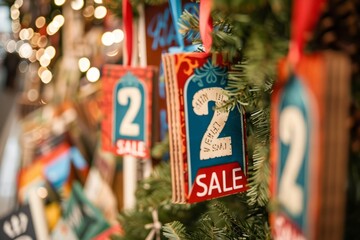 A Christmas tree covered with numerous hanging tags, creating a festive and decorative display in preparation for the holiday season