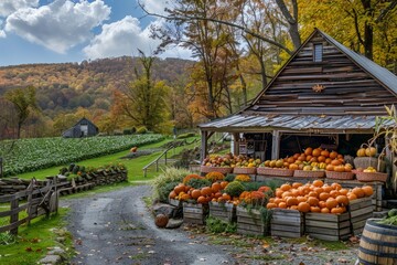 A farm showcasing an abundance of pumpkins on display for fall festivities and harvest