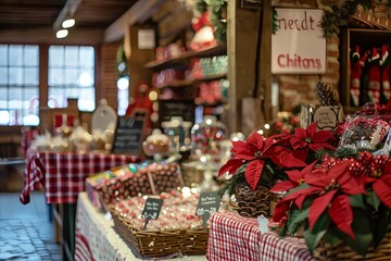 Bustling Christmas market featuring festive poinsettias and colorful candy stalls, with artisanal gifts and seasonal treats on display