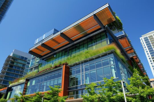 A contemporary office building featuring a green rooftop, showcasing sustainable design and energy-efficient architecture