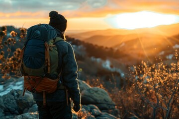 A man with a backpack is hiking up a mountain trail - obrazy, fototapety, plakaty
