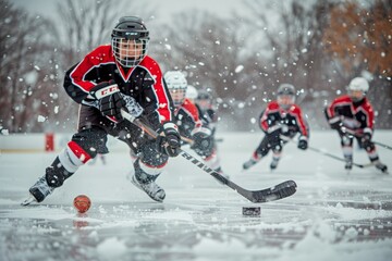 A group of young men playing a game of ice hockey on a frozen rink, wearing hockey gear and skates, with a focus on teamwork and skill