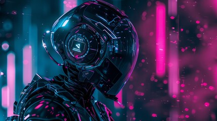 An image depicting a cybernetic robot in a dark, futuristic setting, featuring a color scheme of light azure and pink, inspired by neo-academism.