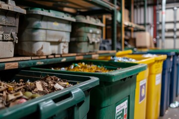 A row of bins filled with lots of trash, showcasing waste management practices in a commercial setting - obrazy, fototapety, plakaty