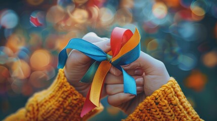 A person tying a colorful ribbon around their wrist as a visual reminder - Powered by Adobe