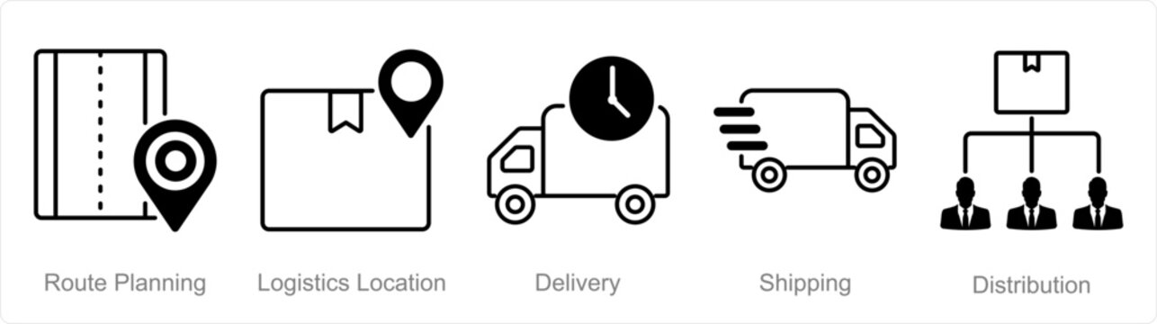 A set of 5 Logistics icons as route planning, logistics location, delivery