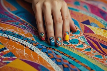A playful and whimsical depiction of a hand with a trendy nail design, featuring vibrant colors and abstract patterns, rendered in a stylized and artistic manner.

