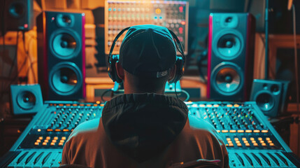 Music Producer Creating Song in Recording Studio - obrazy, fototapety, plakaty