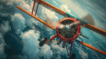 A classic biplane with a spinning propeller navigates through a cloudy sky, emphasizing a sense of adventure.