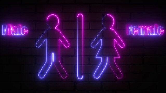 WC toilet neon sign with Male ad Female animated glowing icon. Man and women restroom signs in neon lights on brick wall