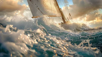 Fototapeten A majestic sailing ship battles through towering ocean waves at sunset with a dramatic sky overhead. © Jonas