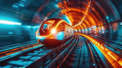 A modern train rushes through a brightly lit tunnel with a dynamic motion blur effect. - obrazy, fototapety, plakaty