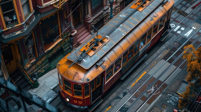 An aerial view of an orange vintage tram traveling on urban street rails amidst autumn trees.