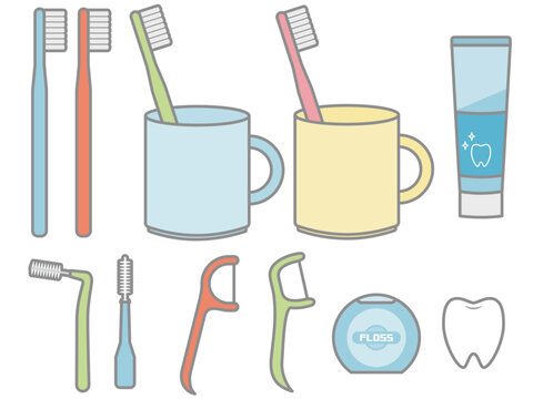 歯ブラシと歯磨き粉と歯間ブラシとフロスのイラストセット　アウトラインあり