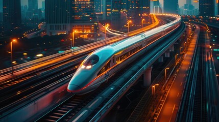 Fototapeta na wymiar A modern train speeds through a city at dusk, with vibrant city lights and a futuristic atmosphere.