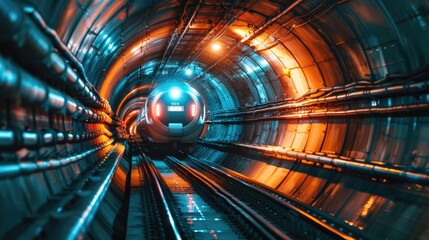 A modern train rushes through a brightly lit tunnel with cool tones and a sci-fi feel.