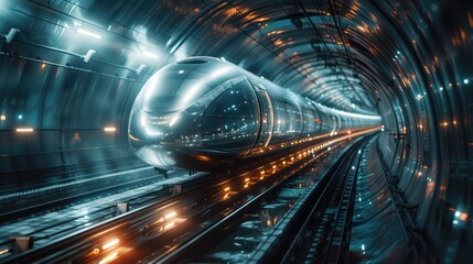 A sleek, modern train rushes through a reflective, illuminated tunnel.