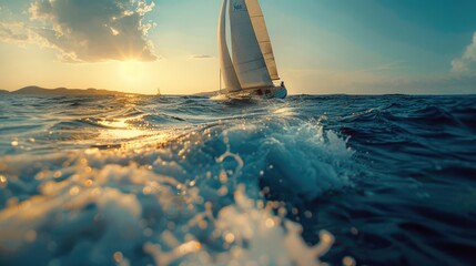 A sailboat on the horizon under a warm sunset, viewed from sea level. - obrazy, fototapety, plakaty