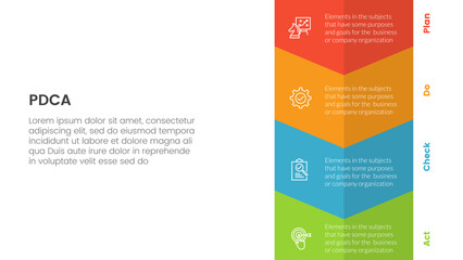 pdca management business continual improvement infographic 4 point stage template with vertical arrow bottom direction for slide presentation