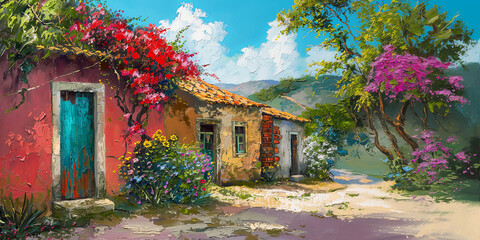 Oil painting of village house with trees and flowers. Summer day atmosphere