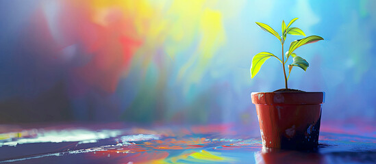 Minimalistic banner with small seed in pot on colorful background. Oil paint artwork. - obrazy, fototapety, plakaty