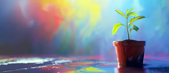 Fotobehang Minimalistic banner with small seed in pot on colorful background. Oil paint artwork. © bit24